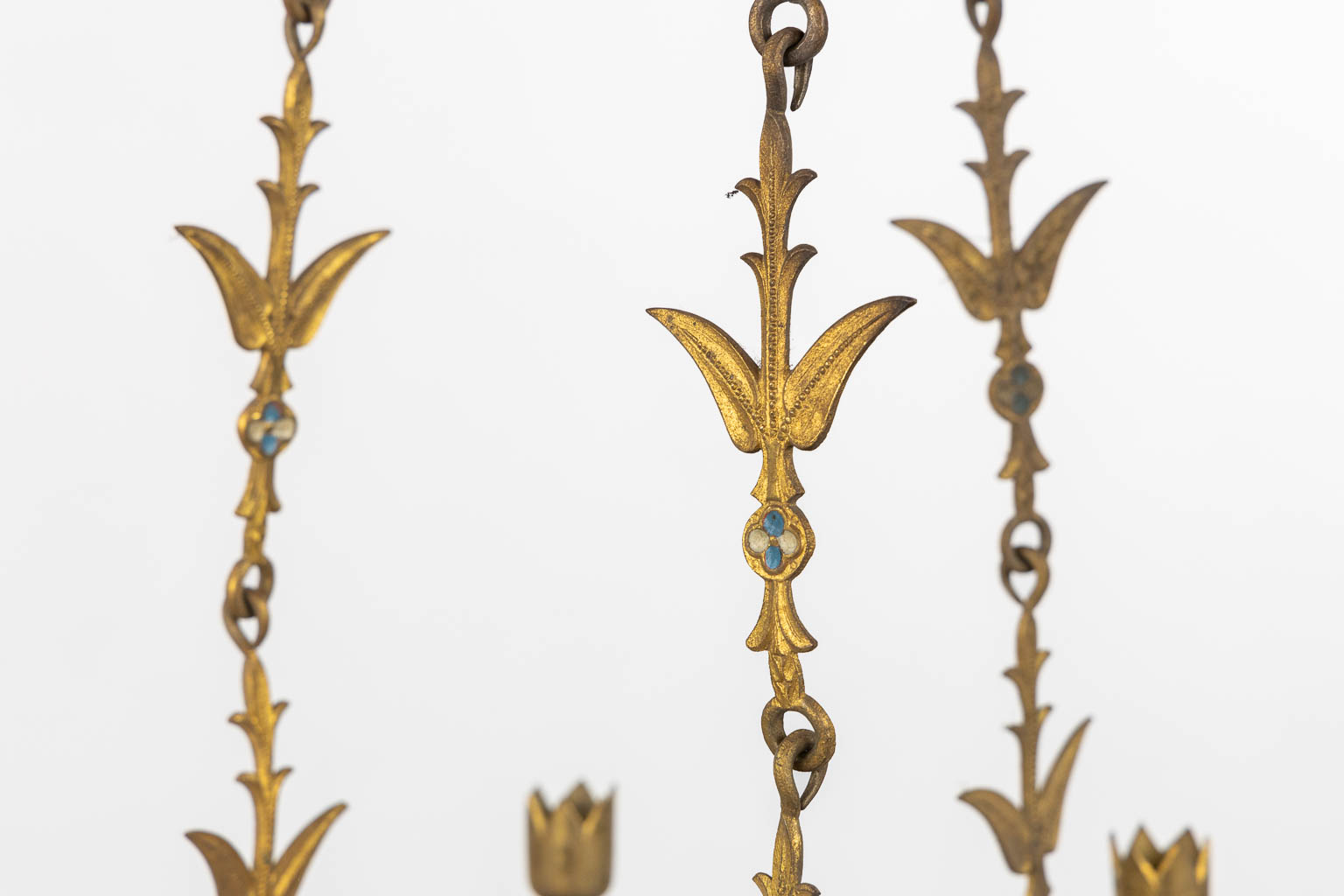 A pair of candle chandeliers, brass with enamel, Gothic Revival. (H:103 x D:42 cm)