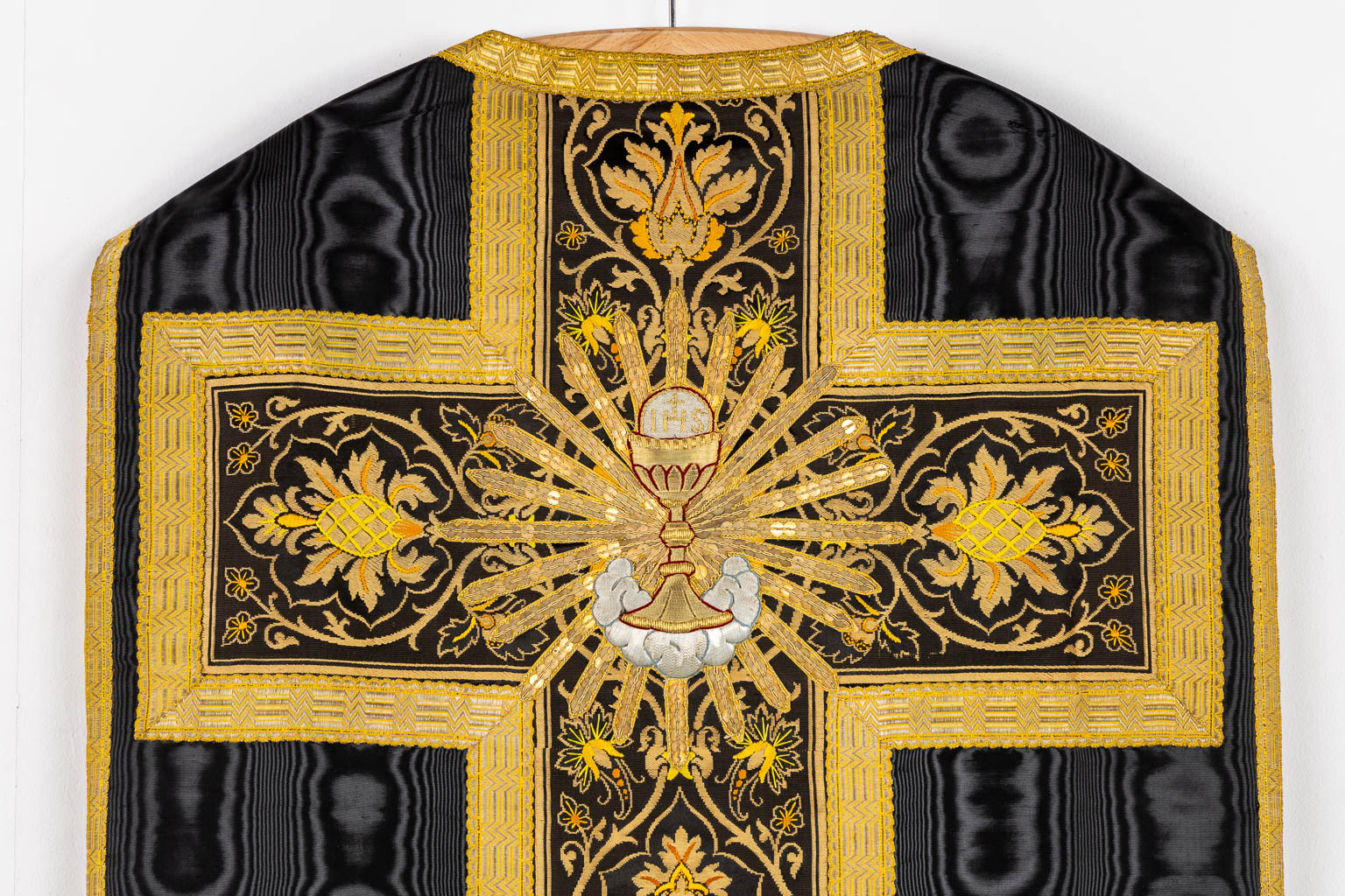 A Cope, Roman Chasuble, Dalmatic and Stola/Maniple, thick gold thread embroideries. 