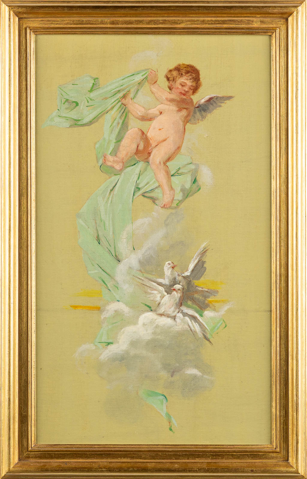 Drie decoratieve schilderijen met putti, olie op doek. 19de eeuw. (W:39 x H:52 cm)