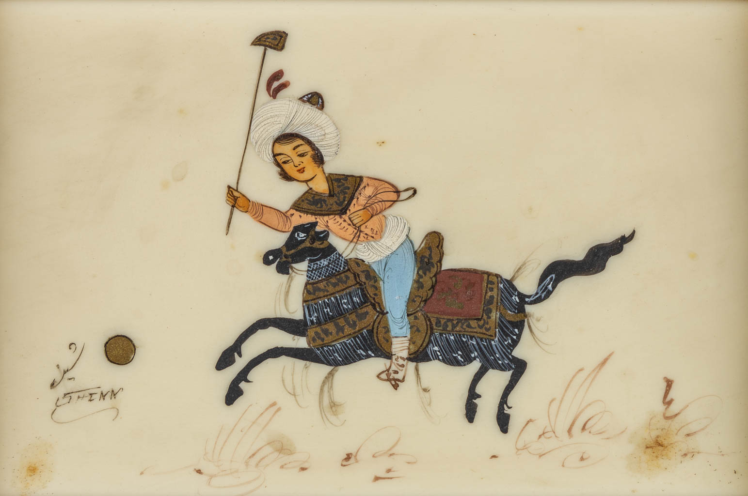 Indian School, 8 Eqestrian Miniature paintings on bone. (W:17 x H:10,5 cm)