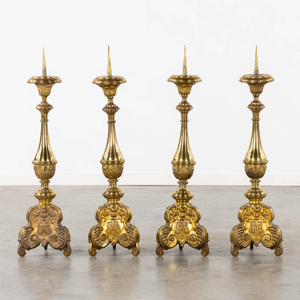 A set of four Baroque style Chruch Candlesticks, Ave Maria, Brass. (H:90 cm)