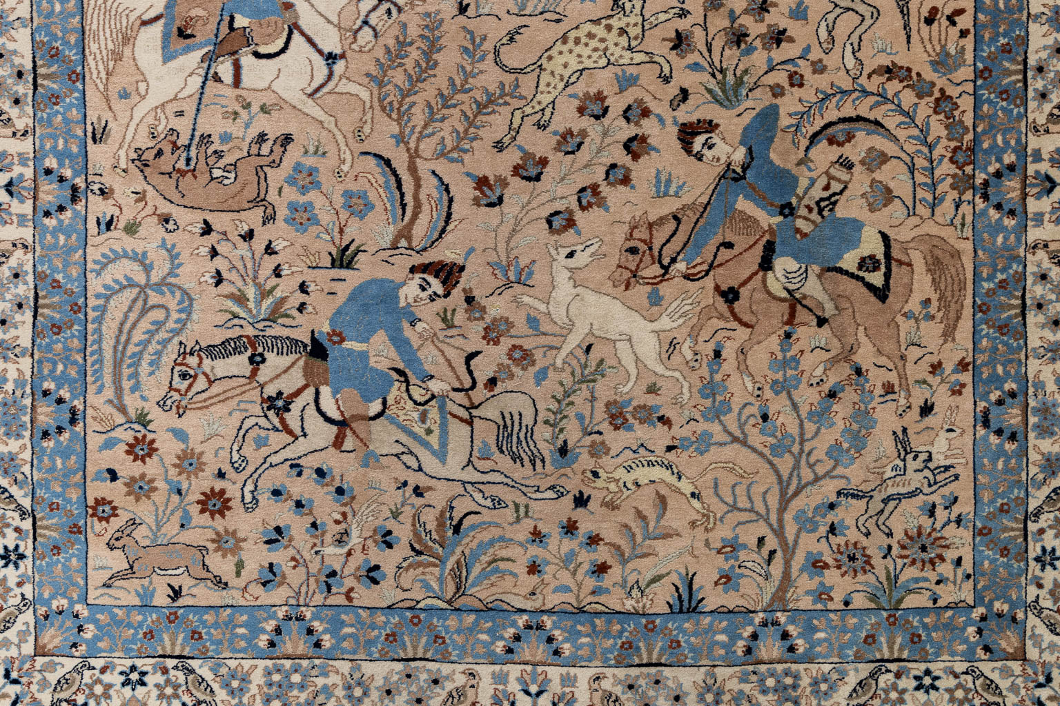 An Oriental hand-made carpet with a figurative decor, Silk, Nahin.  (W:147 x H:240 cm)