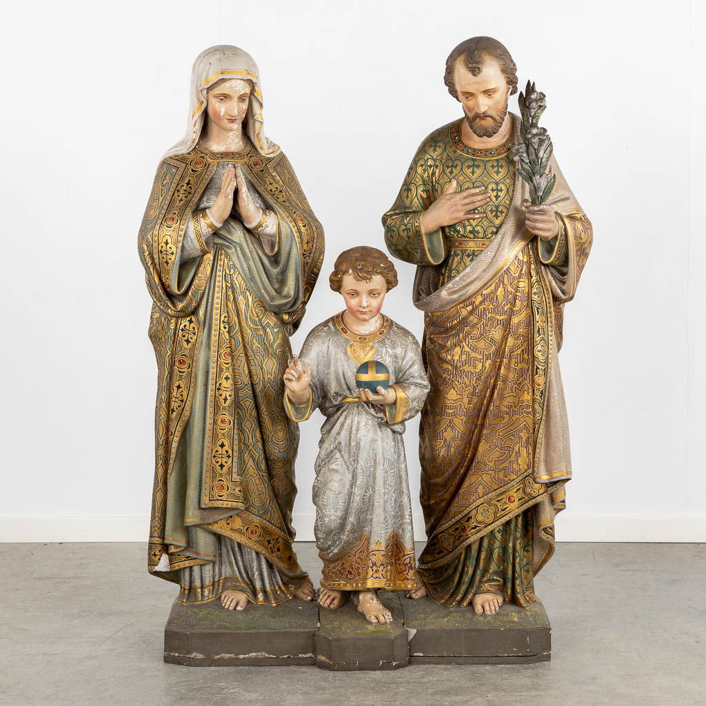 A set of three statues 'The Holy Family', polychrome plaster. Circa 1900. (W:93 x H:126 cm)