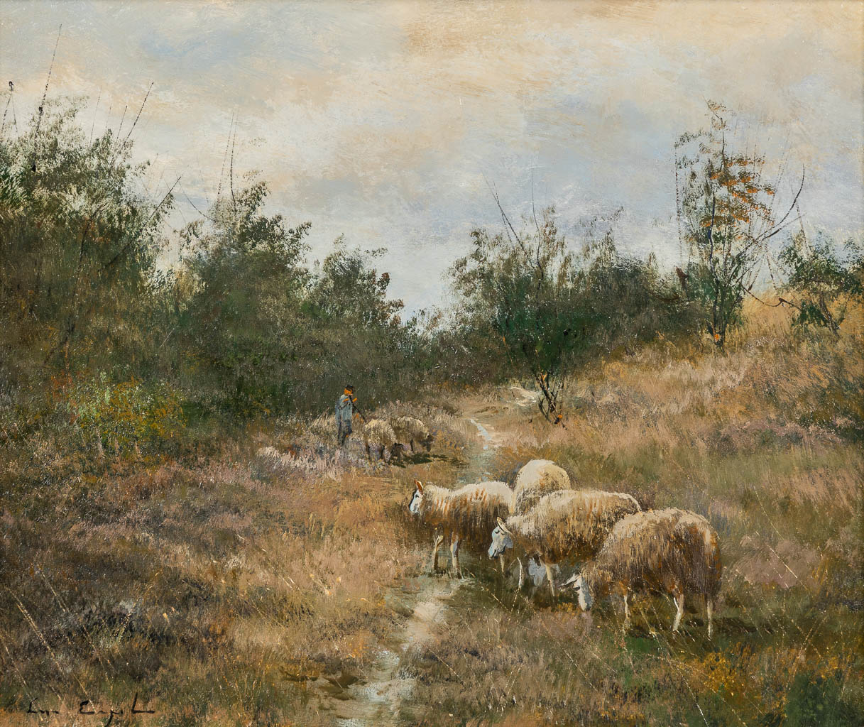 Leon ENGELEN (1943) 'Schapen en een herder'. (W:60 x H:50 cm)