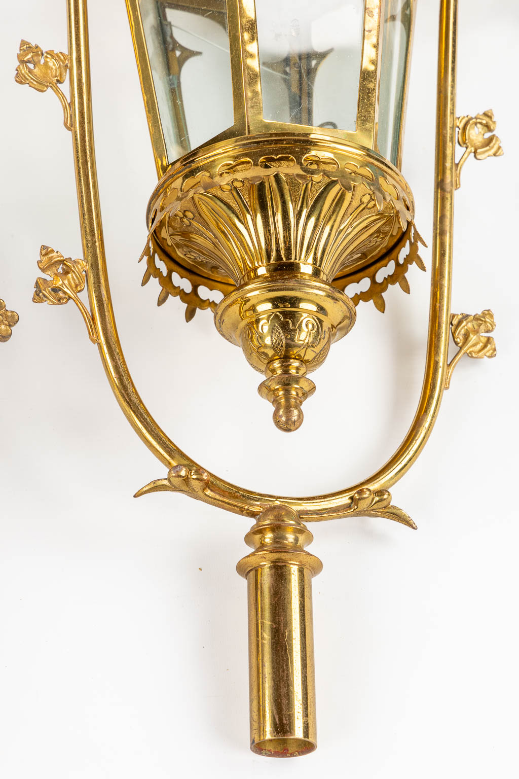 Three Processional lanterns, brass finished with cabochons, Gothic Revival. (W:48 x H:82 cm)