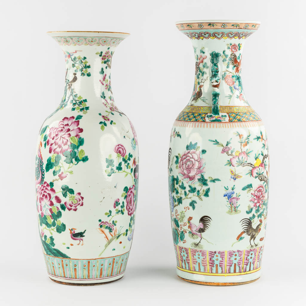 Two Chinese Famille Rose vases with double decors:  Chicken decor, and Phoenixes/Fauna & Flora.. 