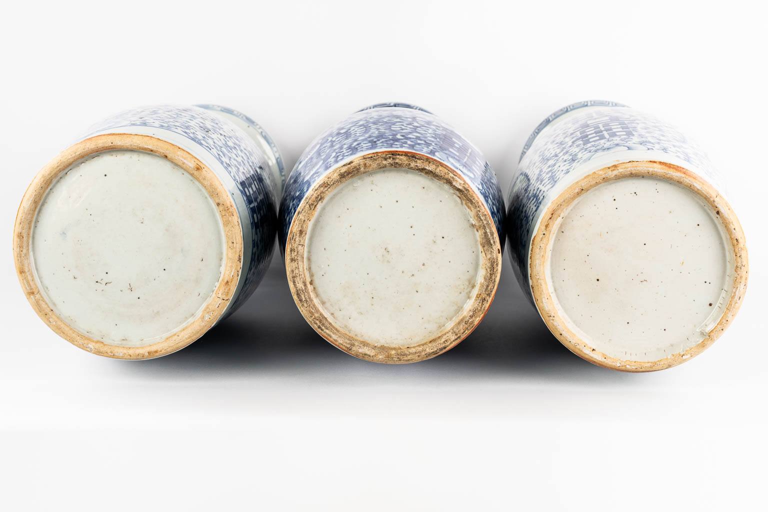 Three Chinese vases with a blue-white decor of happiness. 19th/20th C. 