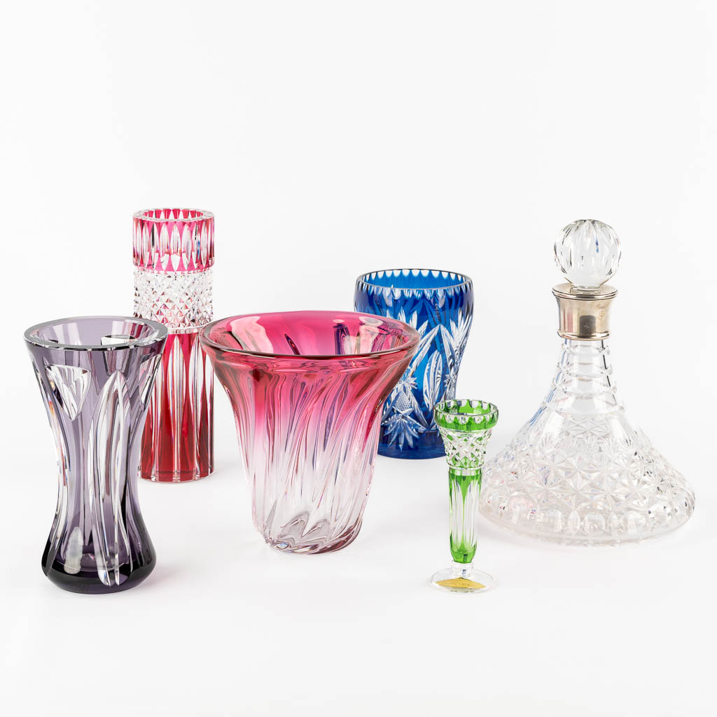 Val Saint Lambert and others, a carafe and five vases. Cut and coloured crystal. 