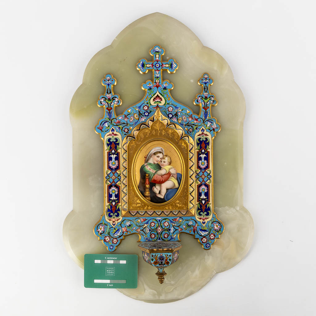 A Holy Water Font, bronze on an alabaster and finished with Cloisonné and an enamel plaque 