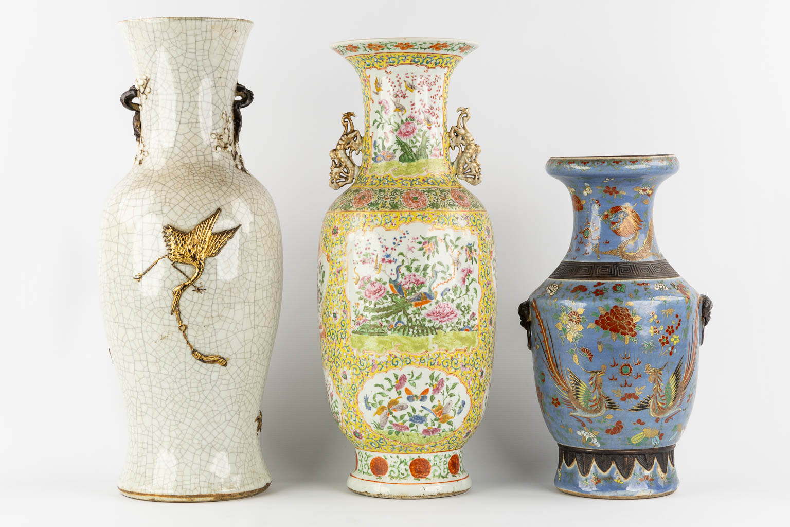 Three Asian vases, Chinese and Japanese, stoneware and porcelain. (H:62 cm)