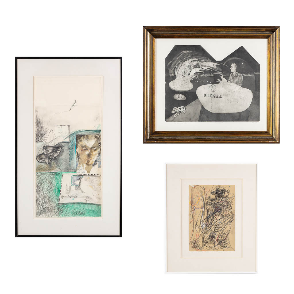 Koen SCHERPEREEL (1961-1997) 'Two Drawings, pencil on paper' and a lithograph 'Nachtelijke Voorspellingen'. (W:34 x H:73 cm)