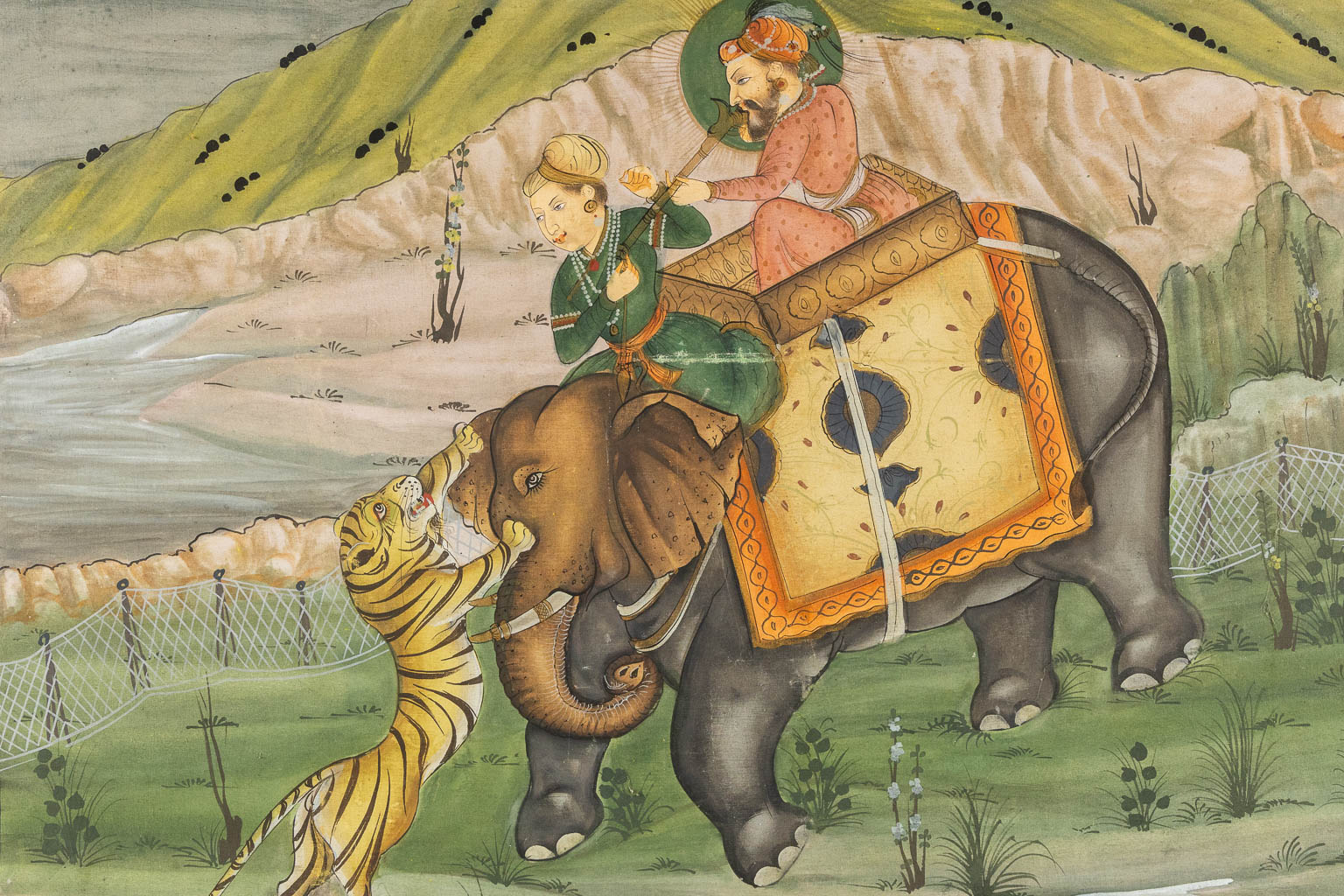 Twee decoratieve Oosterse schilderijen, India en Mughal, Mixed media op doek, 18de/19de eeuw. (W:85 x H:114 cm)