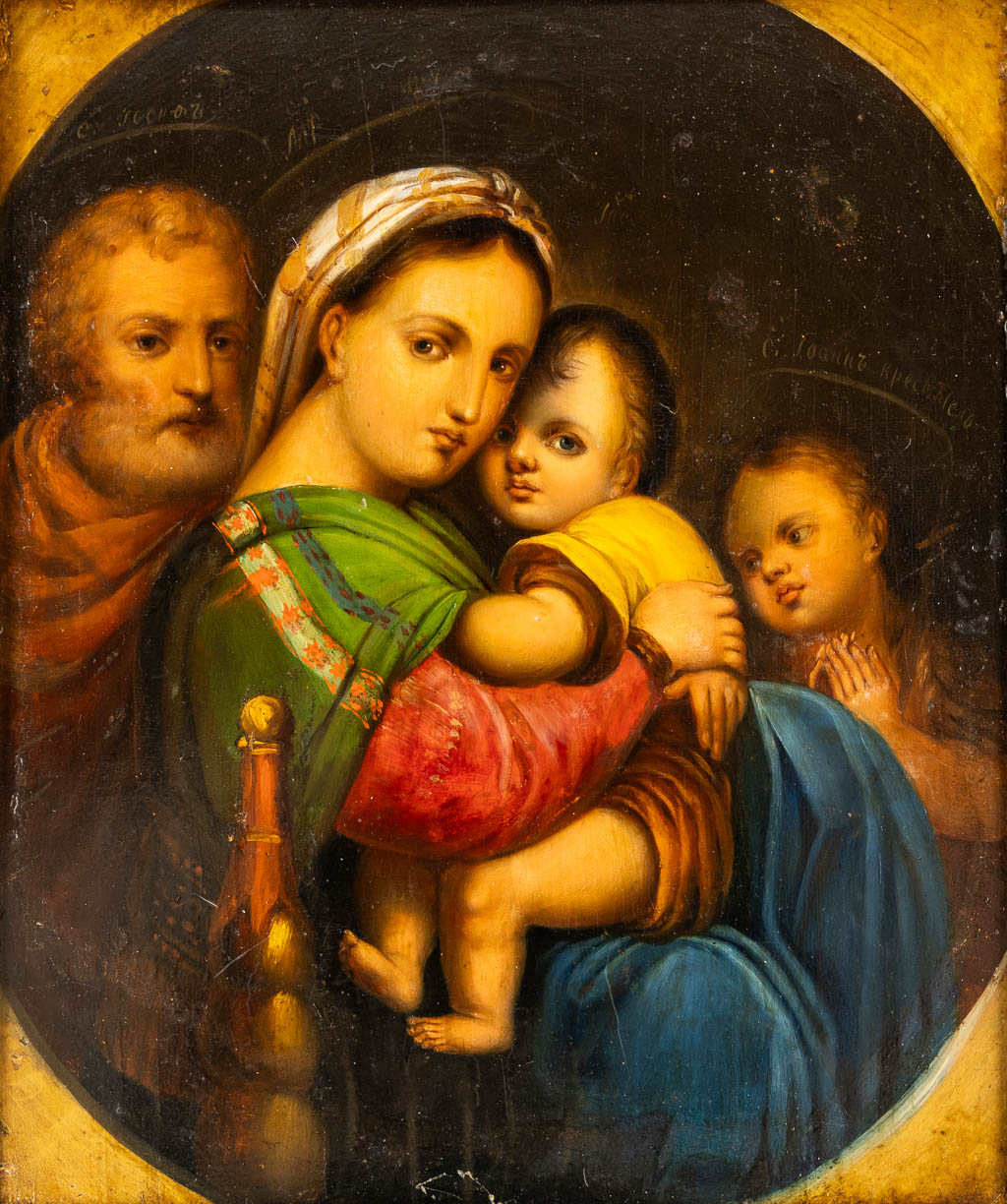 An antique Russian icon 'Madonna Della Seggiola', after Rafaël', oil on panel. 19th C.