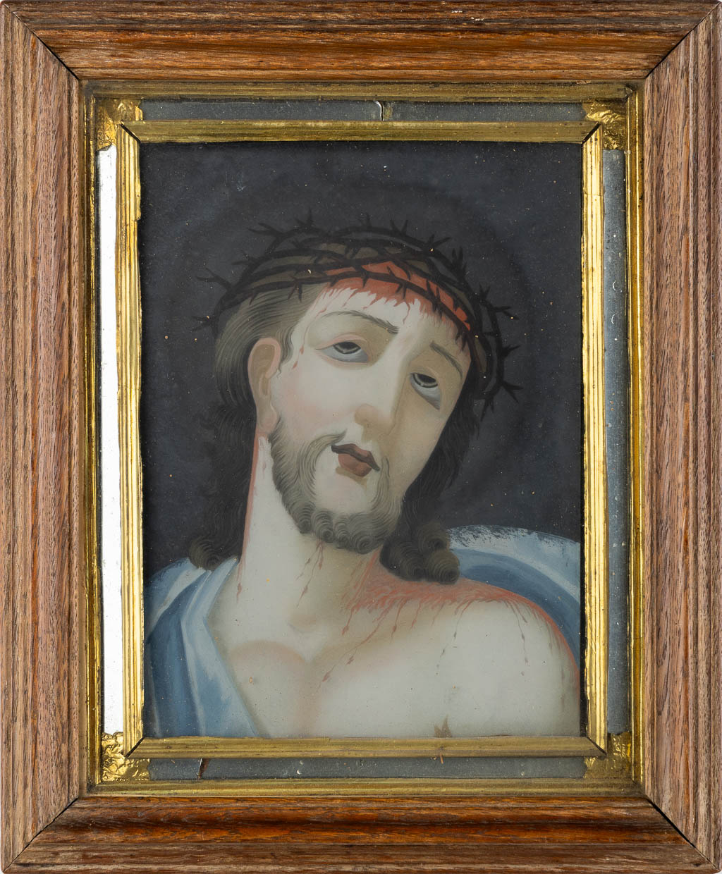 An antique 'Reverse glass painting', Christ with the crown of thorns. 19th C.