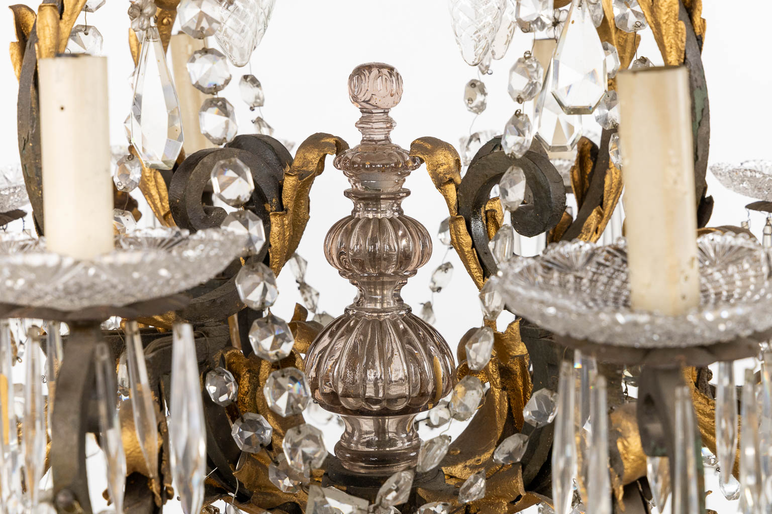 An antique chandelier, metal and cut crystal, Val Saint Lambert. Early 20th C. (H:100 x D:74 cm)