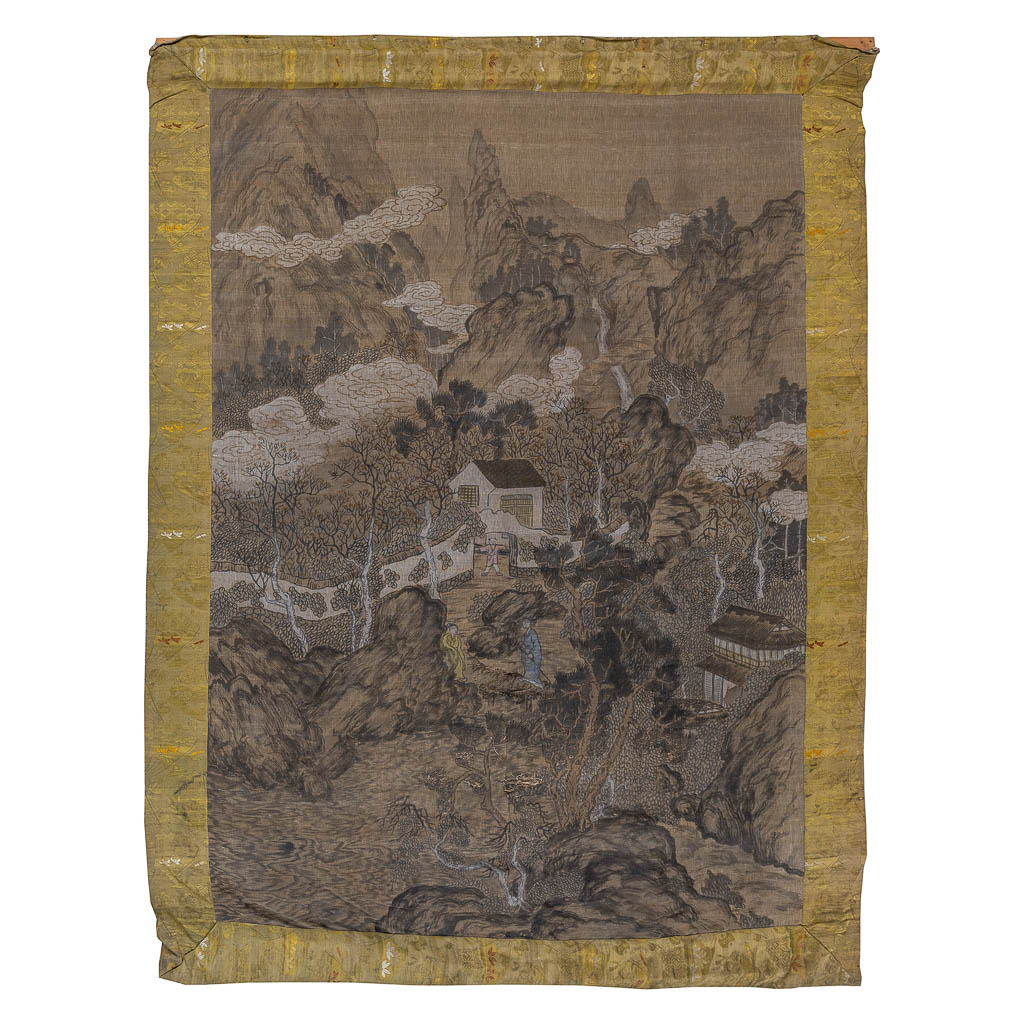 Een decoratieve Chinese geborduurd en geschilderde landschapsscène. (W:146 x H:202 cm)