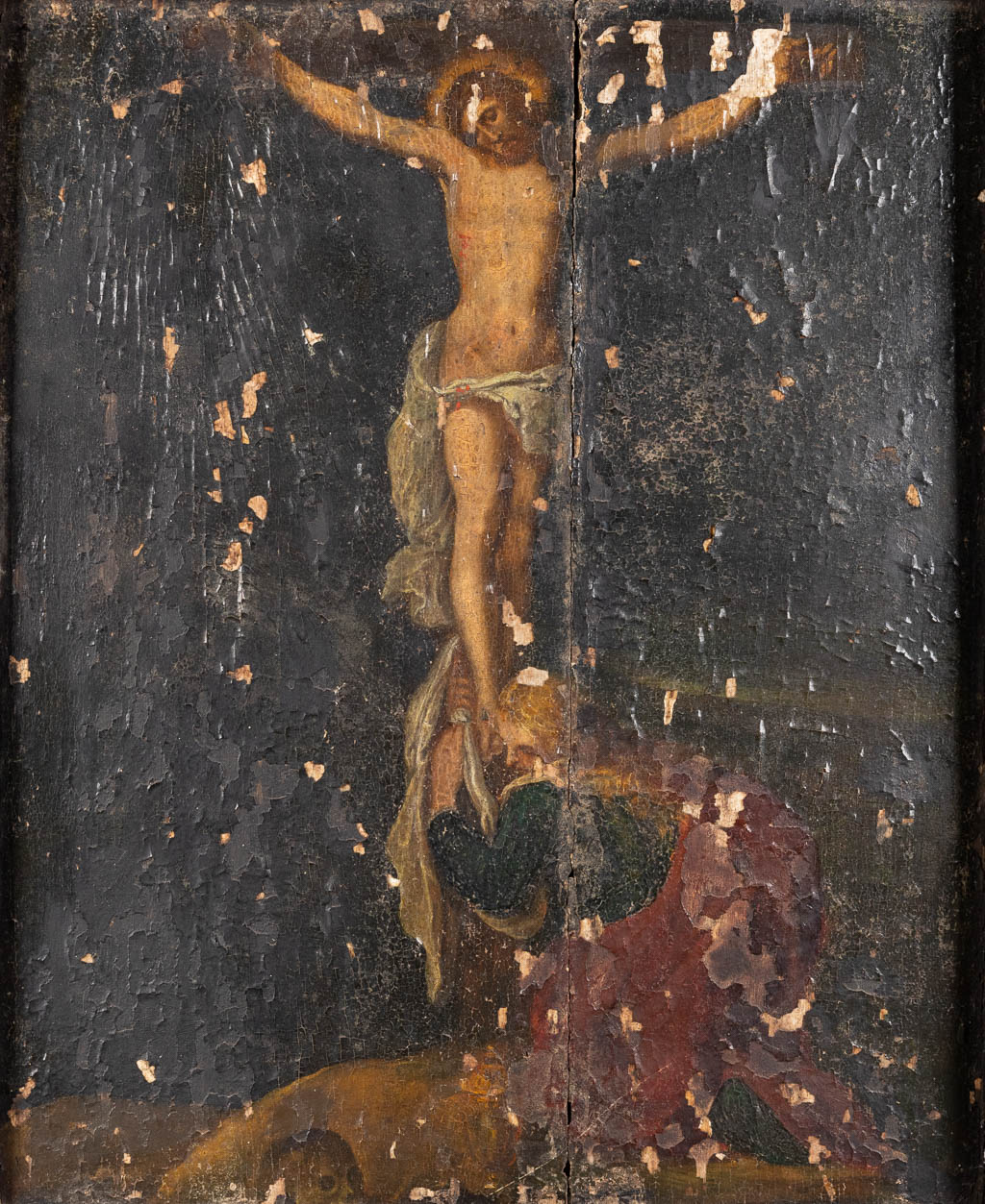 Christ hanging from the cross, oil on panel. 18th C. (W:45 x H:56 cm)