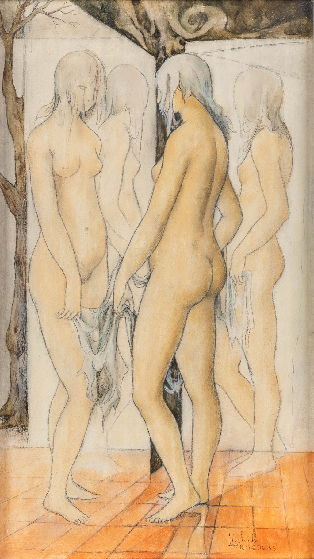 Michèle BROEDERS (1936) 'Naked Figurines' pencil on paper. (W:20 x H:35 cm)