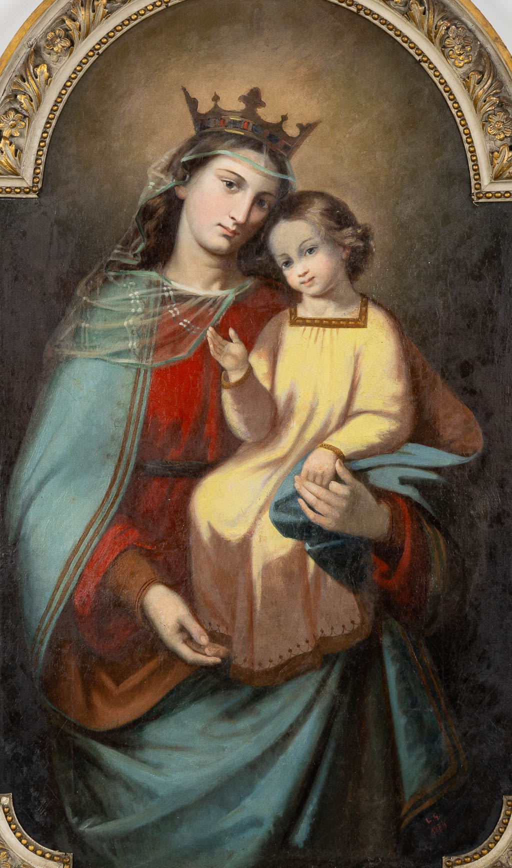 Monogram L.G. Gekroonde Madonna met Kind, olie op doek. 1889. (W:72 x H:122 cm)