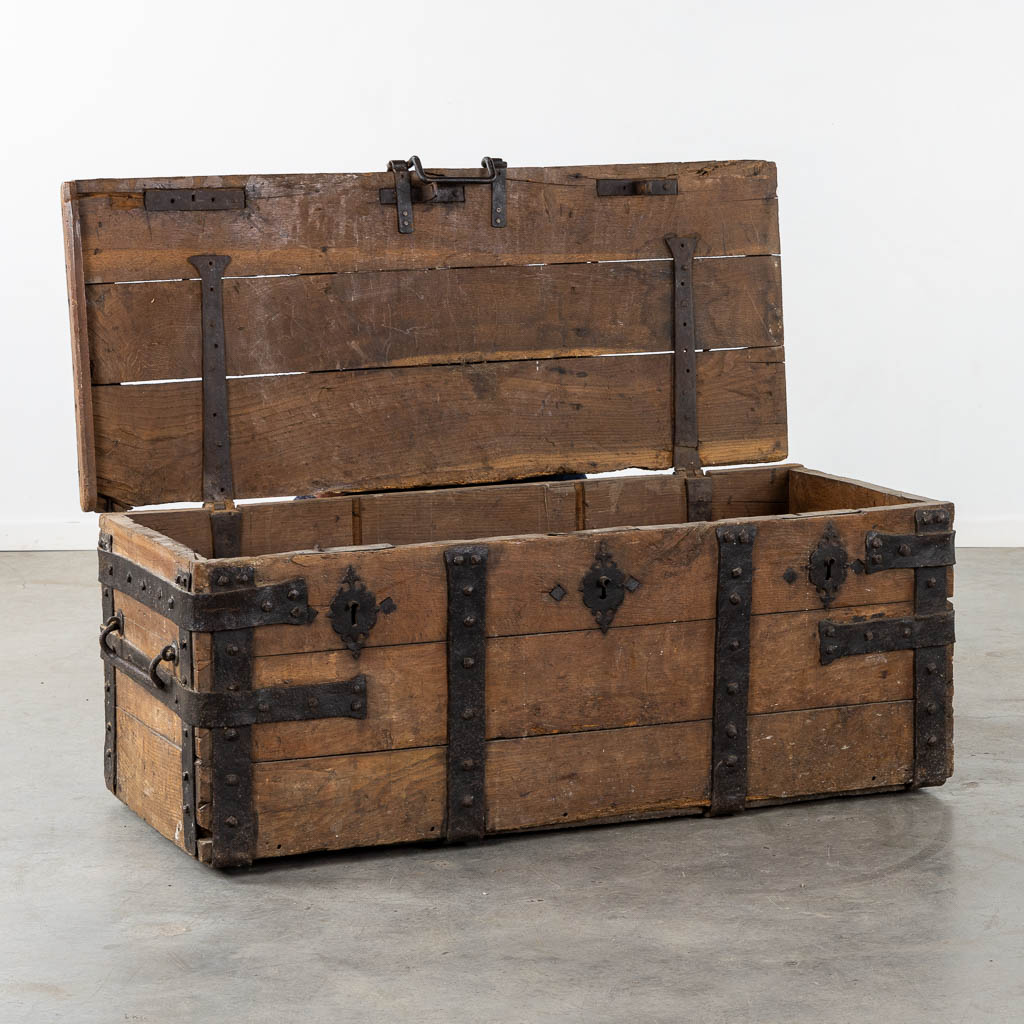 An antique chest with wrought iron hardware, Northern France or Flanders, circa 1600. (L:59 x W:130 x H:51 cm)