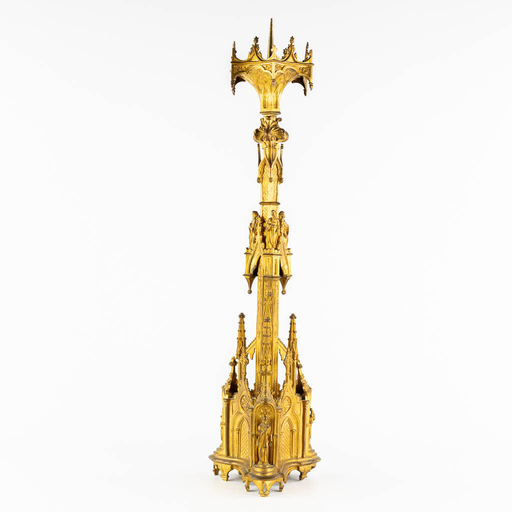 An antique church candelabra, gilt bronze, Gothic Revival. (H:93 cm)