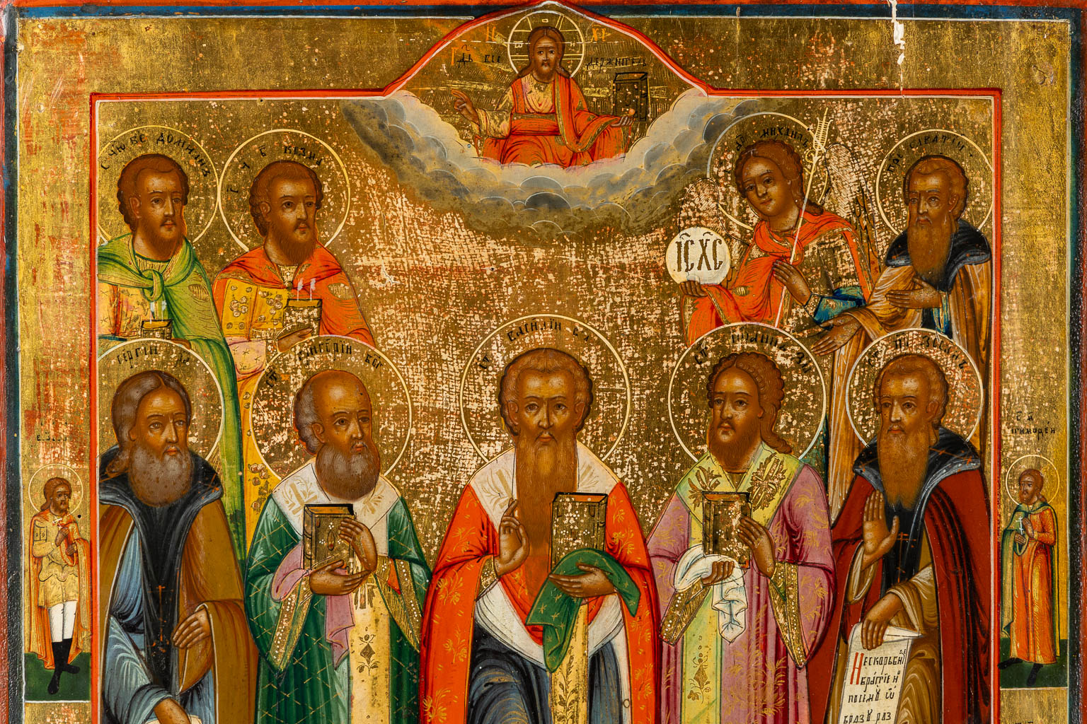 A fine and large Russian Family icon with depiction of Saints and Angels, 18th/19th C. (W:36,5 x H:44 cm)