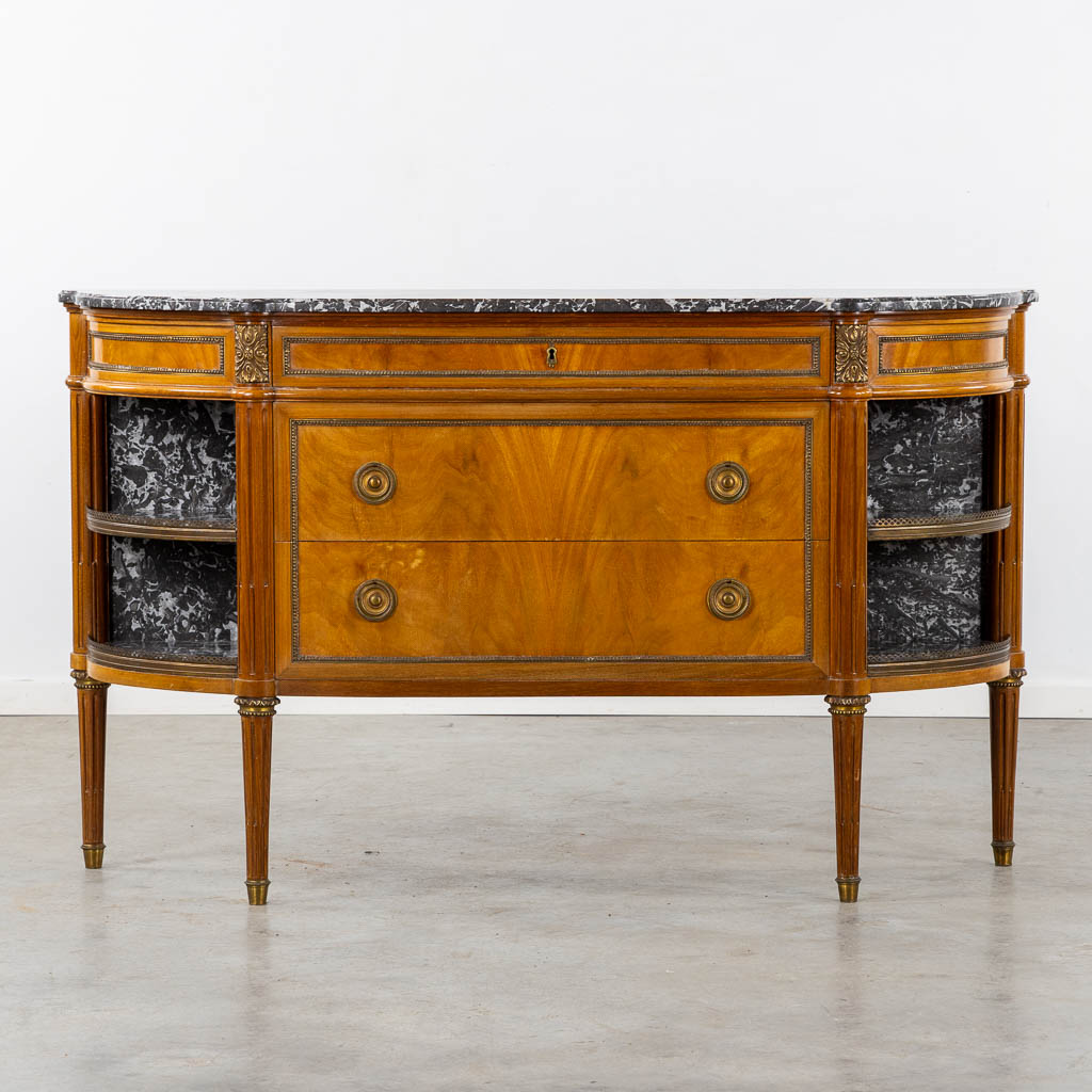 A console table with three drawers, marble top. Louis XVI style. (L:43 x W:154 x H:92 cm)