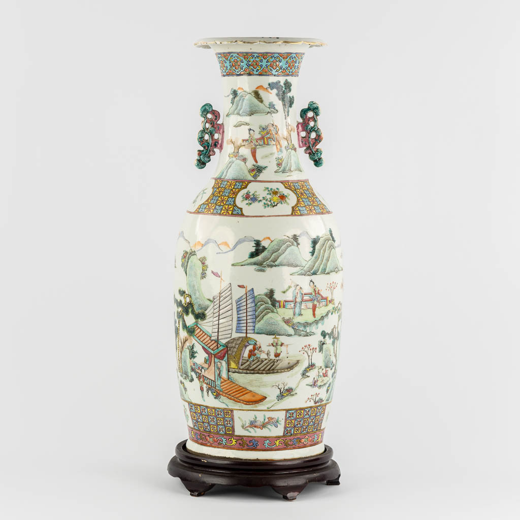 A Chinese Famille Rose vase with a double decor, Landscape scène with a harbor. 