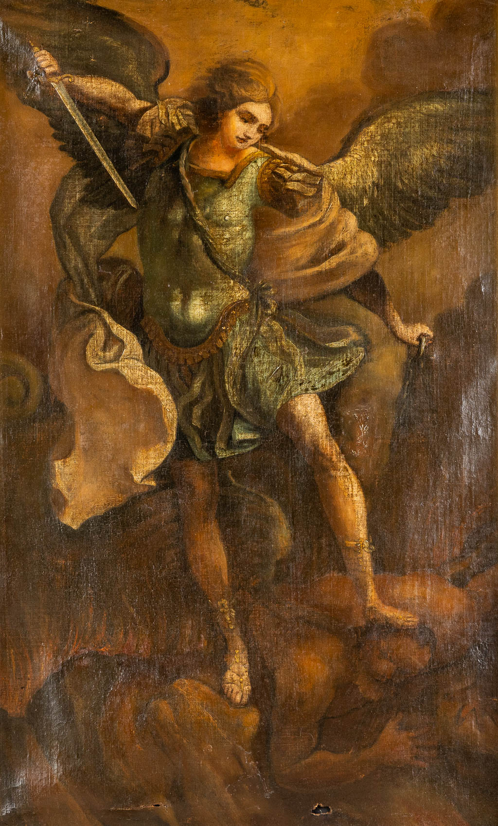 Aartsengel Michiel, een antiek schilderij, olie op doek. 19de eeuw. (W:63 x H:100 cm)