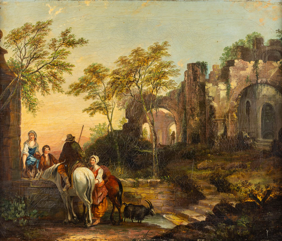 An antique painting 'The Traveller near the water well', oil on canvas. 19th C. (W:61 x H:51 cm)