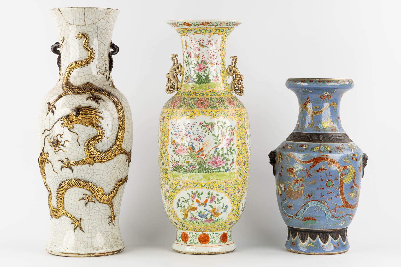 Three Asian vases, Chinese and Japanese, stoneware and porcelain. (H:62 cm)