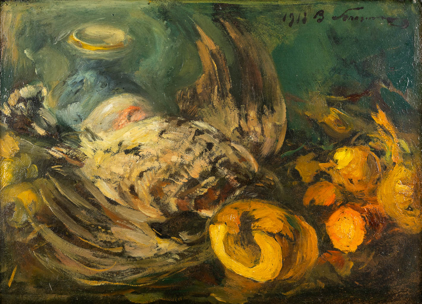 An antique still life painting with hunting trophies, oil on board. 1913. (W:45 x H:33 cm)