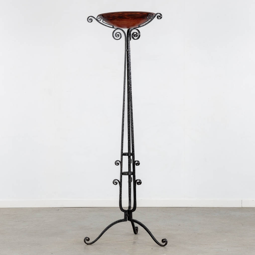 Schneider France, a wrought iron and pâte-de-verre glass floor lamp. (L:52 x W:52 x H:170 cm)