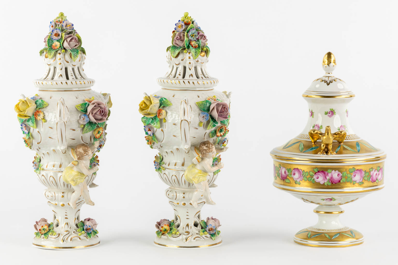 Dresden and Sitzendorf, three pieces of polychrome porcelain. Saxony, Germany. (L:11 x W:20 x H:29 cm)