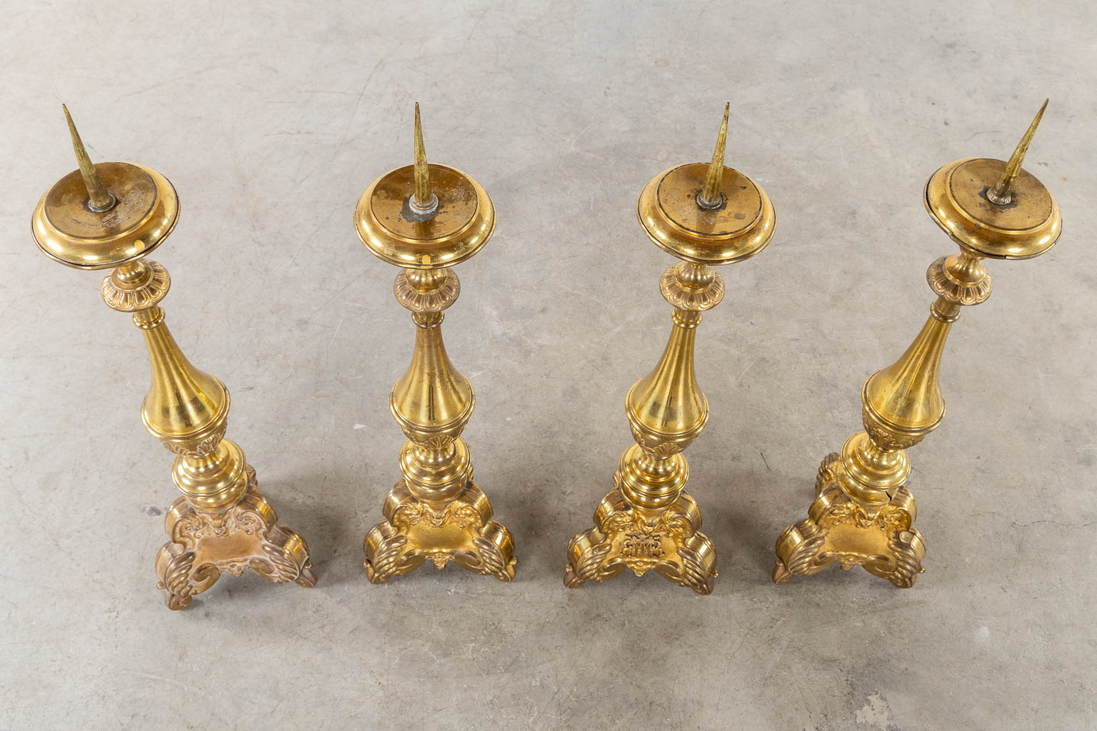 A set of four Baroque style Chruch Candlesticks, Ave Maria, Brass. (H:90 cm)