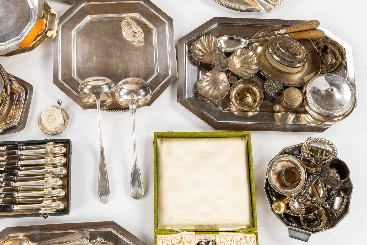 A large collection of table accessories and serving ware, silver plated metal. 