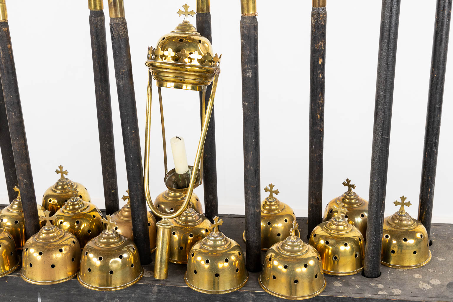 Twelve processional lanterns, brass and glass. Gothic Reivial. (H:137 cm)