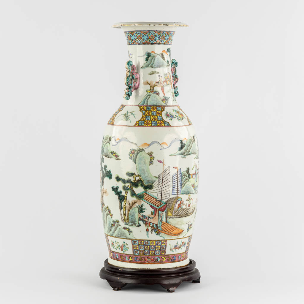 A Chinese Famille Rose vase with a double decor, Landscape scène with a harbor. 