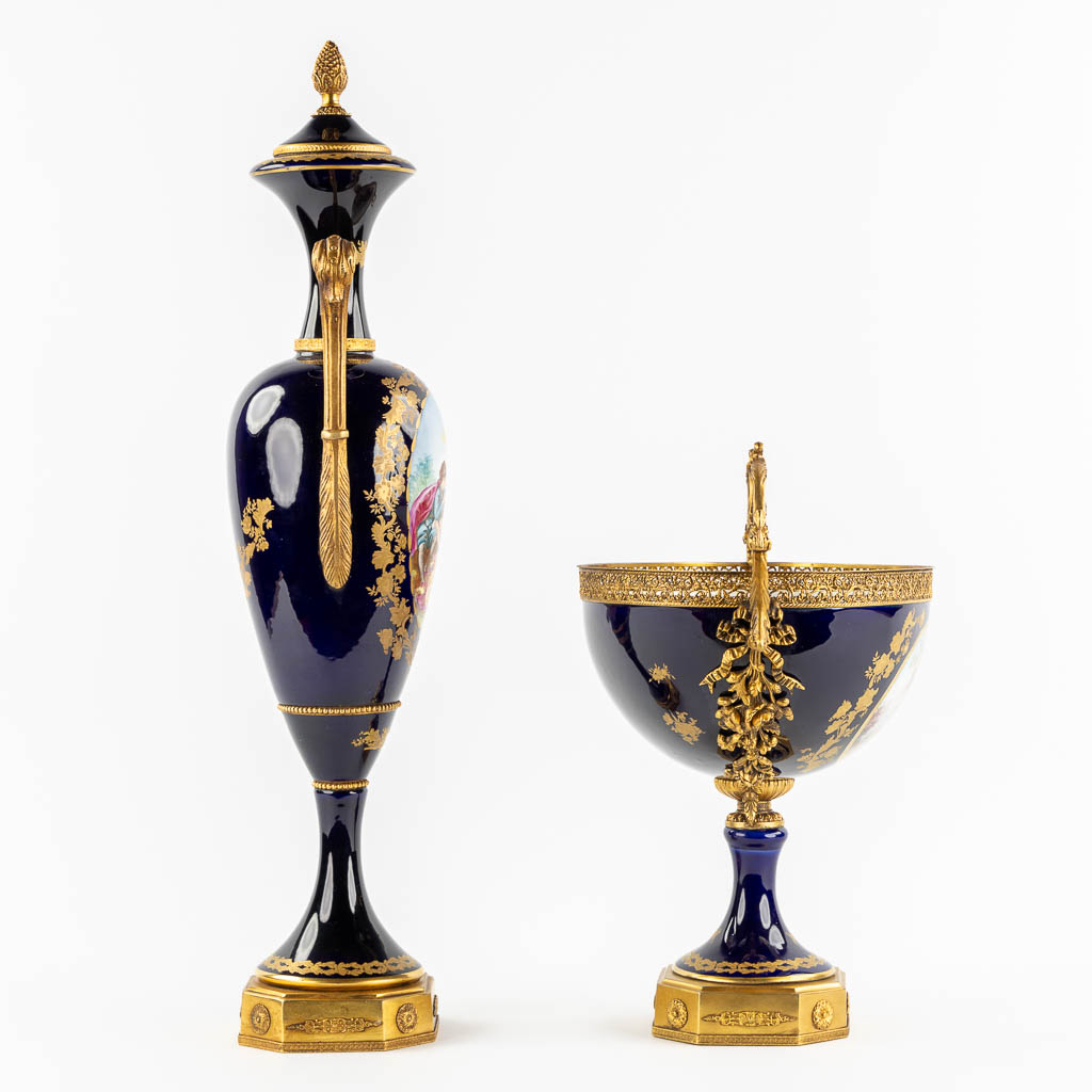 Sèvres, a bowl and a vase. Cobalt blue porcelain mounted with bronze. 20th C. (H:69 cm)