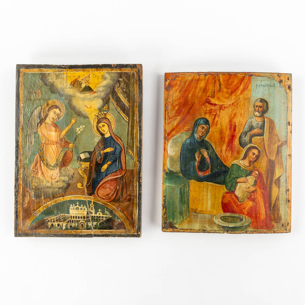 Twee Iconen 'De Annunciatie & De Geboorte van Maria'. 19de eeuw. (W:24 x H:32,5 cm)