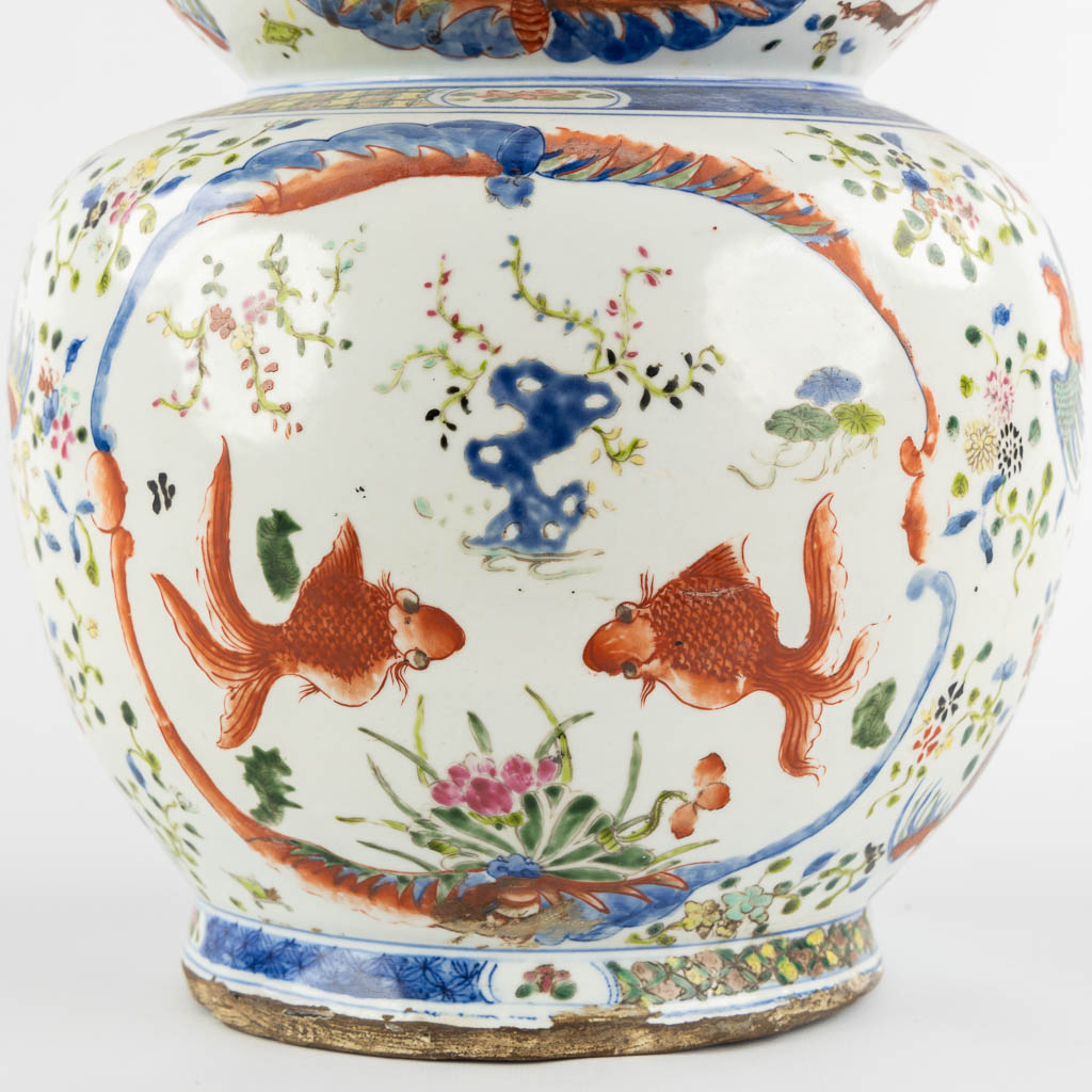 Een Chinese driedubbele kalebas, Wuchai vaas. Fauna & Flora, Antiquiteiten. (H:68 x D:27 cm)