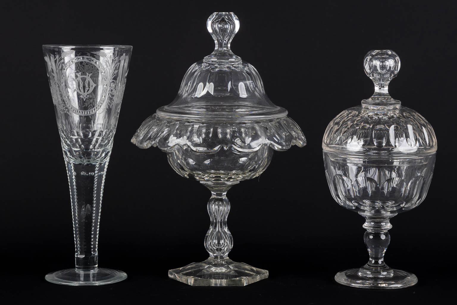 Val Saint Lambert and others, Eight pieces of cut and etched crystal.