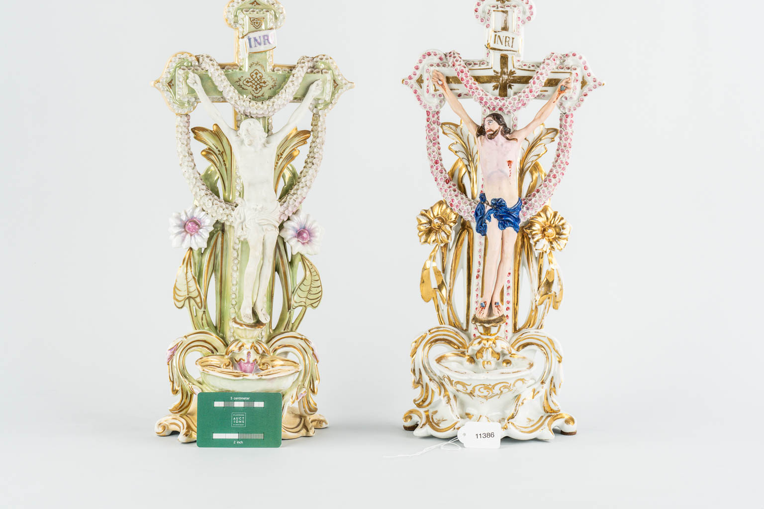 Two Vieux Paris porcelain table holy water fonts, Christ hanging from the crucifix. 19th C.