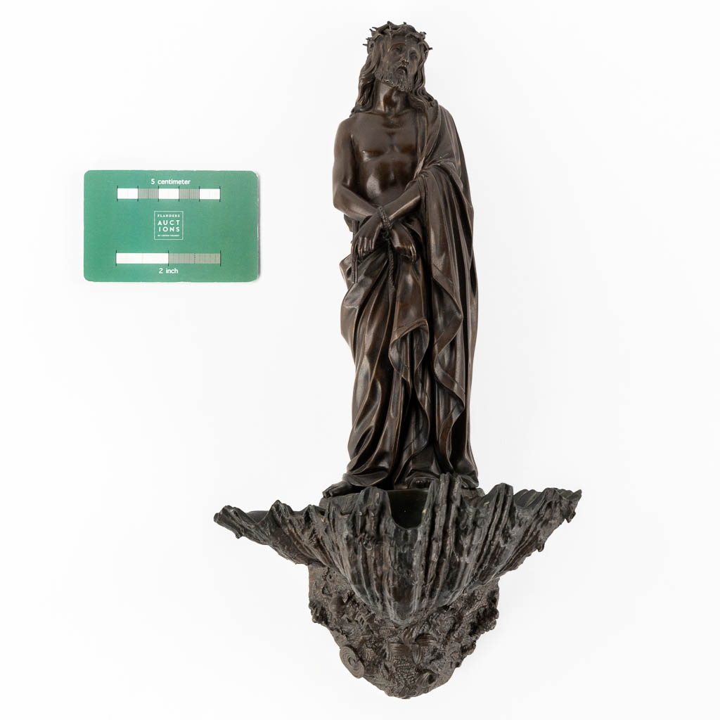 A fine holy water font 'Christ bound to the column, patinated bronze. 19th C.