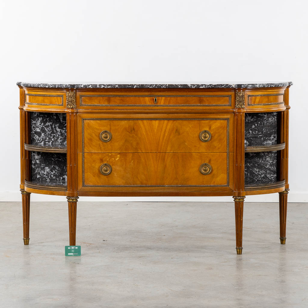 A console table with three drawers, marble top. Louis XVI style. (L:43 x W:154 x H:92 cm)