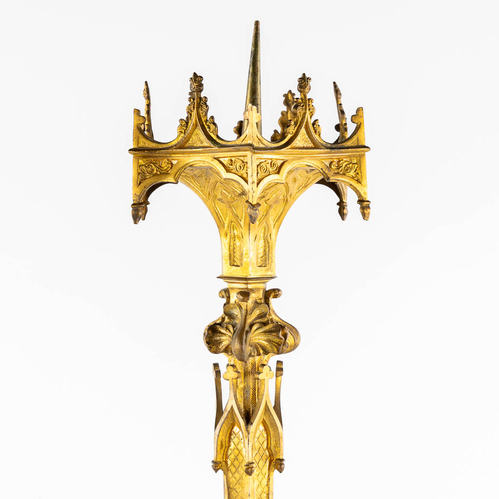 An antique church candelabra, gilt bronze, Gothic Revival. (H:93 cm)