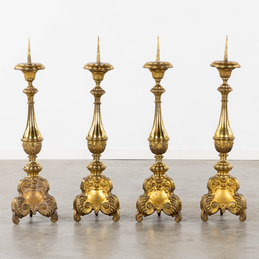 A set of four Baroque style Chruch Candlesticks, Ave Maria, Brass. (H:90 cm)