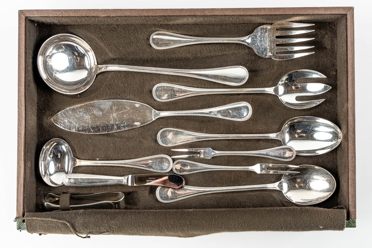 Christofle 'Perles' a 142-piece silver-plated cutlery in a Christofle chest with drawers. 