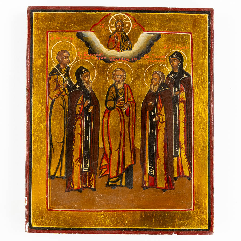 Een collectie van 5 Russische iconen, Moeder Gods Ovsepetaya, Nicholas. 19de eeuw. (W:24 x H:30 cm)