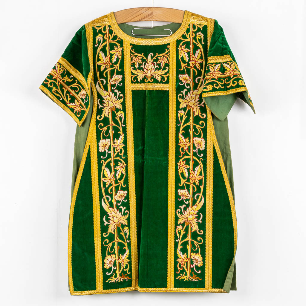 A set of Dalmatics and a Roman Chasuble, added a Chasuble and stola, maniple. Embroideries. Made around 1910.  Church use.